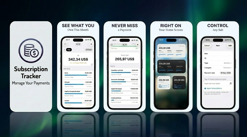 BlinkSubs — subscription tracker with monthly totals, widgets, and payment reminders on iPhone