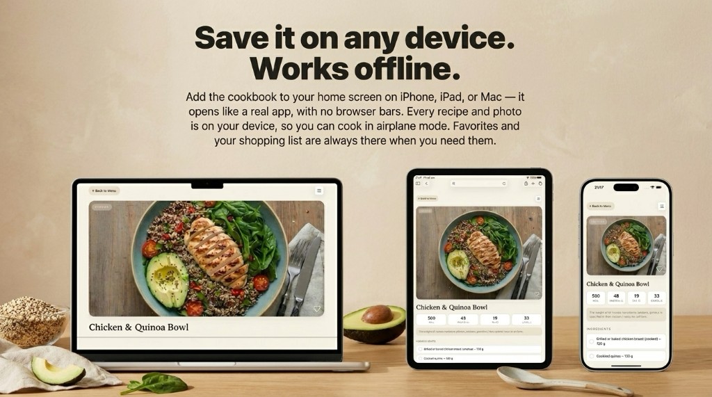 100 High-Protein Bowls PWA on Mac, iPad, and iPhone — recipe view with macros and offline access
