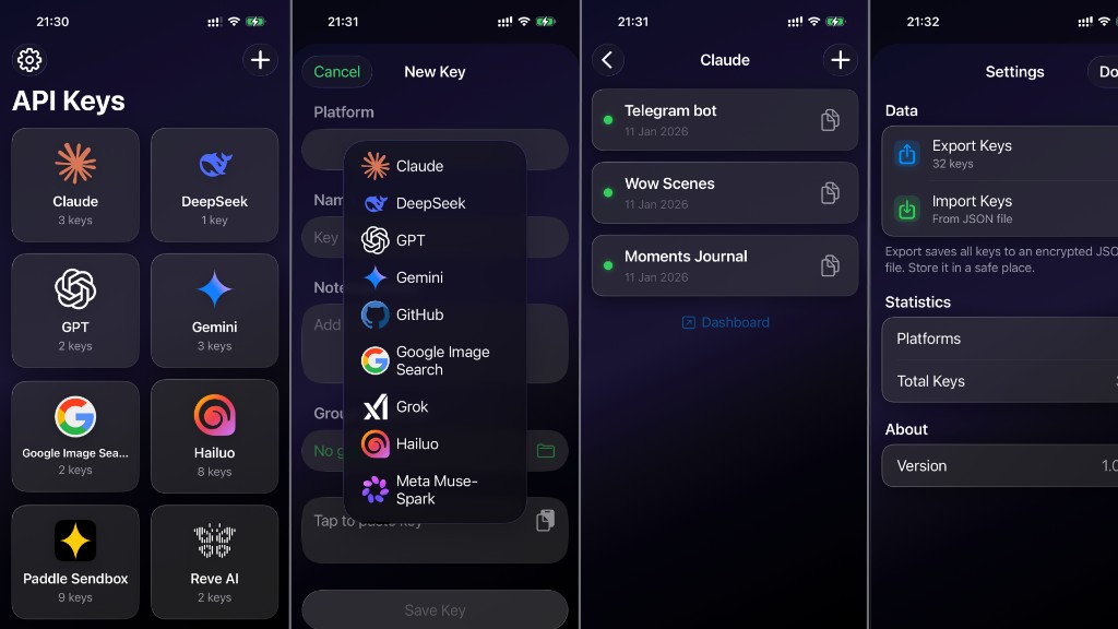 BYOK Vault on iPhone — keys by provider, validation, Claude list with Dashboard in Safari, export in settings