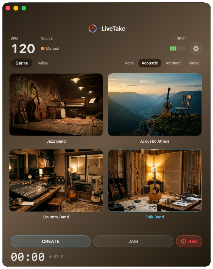 LiveTake on Mac — style presets, CREATE, JAM, and REC